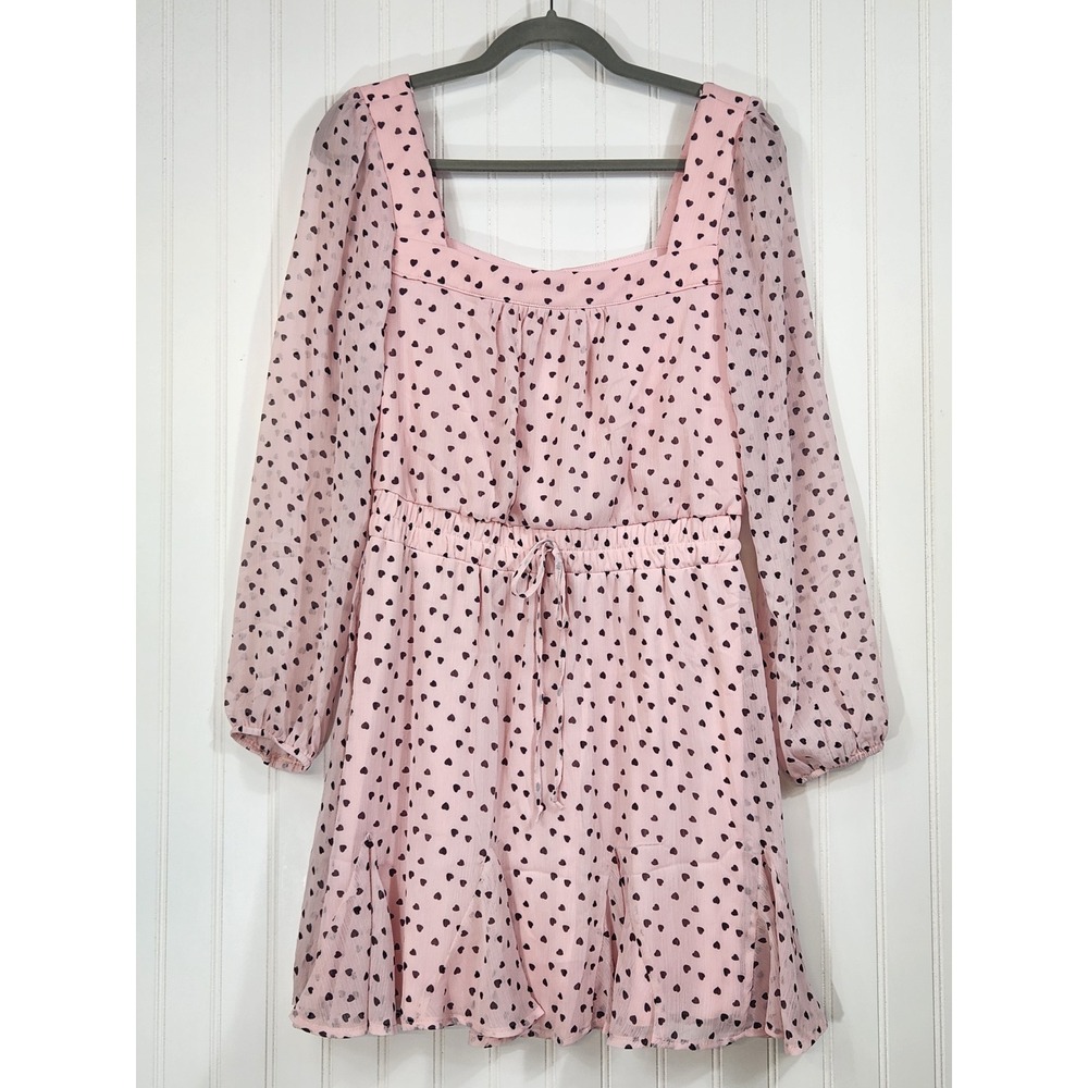 Mi Ami Women Pink Heart Print Chiffon Mini Dress Sheer Sleeve Square Neck Med